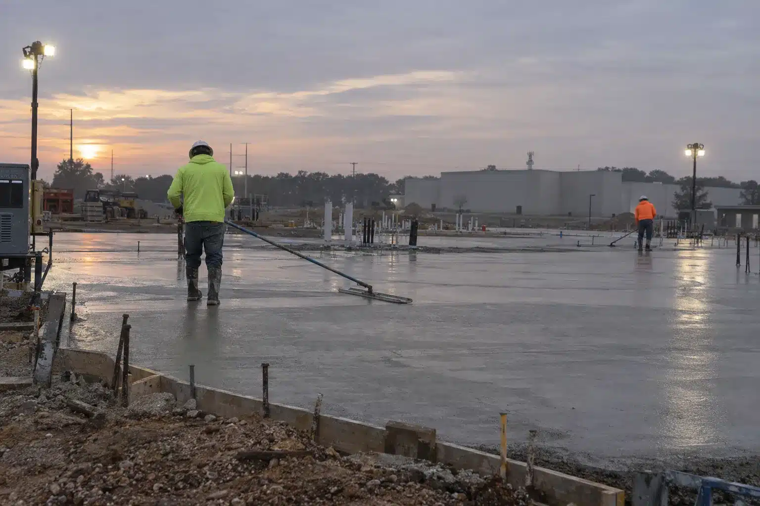 Two workers finishing a large freshly poured commercial concrete slab at dawn, one operating a bull float across the wet surface under warm early-morning light on a Dallas job site